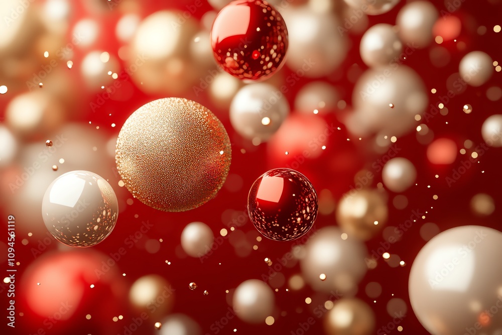 Poster A vibrant array of colorful spheres floating against a red background, creating a festive atmosphere.