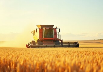 Fototapeta premium Harvesting wheat in a golden field during sunset with a combine harvester in action