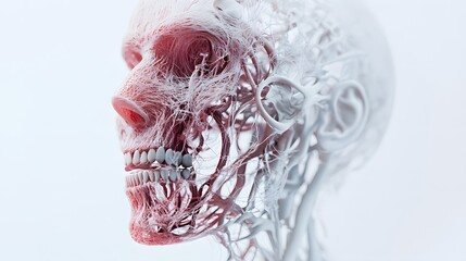 8. A 3D rendering of a human face structure, highlighting the bones and facial contours, on a white background
