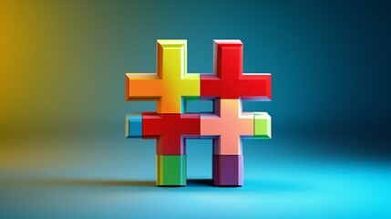 Obraz premium Vibrant 3D hashtag symbol crafted from colorful letters, ideal for social media marketing visuals, set against a white backdrop.