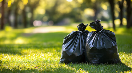 Garbage bags stand on the grass in a sunny clean park