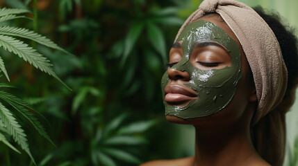 Beautiful woman with glowing skin applies a green clay mask, enjoying a relaxing skincare ritual in a serene, natural-light-filled setting. Perfect for wellness and beauty themes.