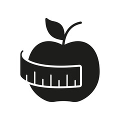 Apple Wrapped With Measuring Tape Silhouette Icon. Weight Control For Healthy Eating. Weight Management And Nutrition For Fitness And Diet. Isolated Vector Illustration