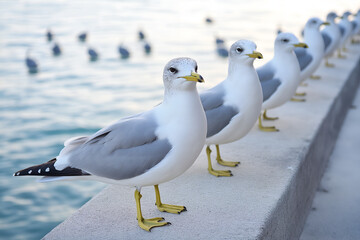 The seagulls at the bay, coast against the clear sea water.