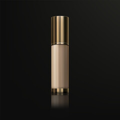 A 3D realistic foundation cream in elegant gold and beige tube. In a pump bottle, isolated on a black background. Designed for beauty, skincare, and cosmetic product advertising. Not AI.