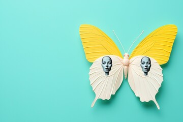 Freedom expression and symbolic, A vibrant butterfly with yellow and white wings features faces printed on its wings, set against a turquoise background, symbolizing transformation and identity.