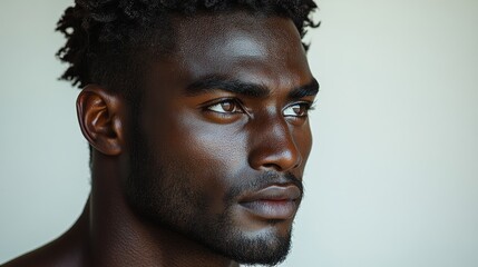 Man with a shaved head and a beard is looking at the camera. He has a sweat on his forehead