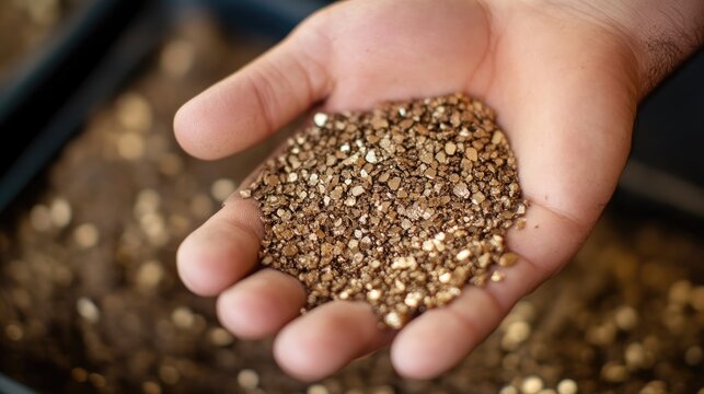 Exfoliated vermiculite grains held in a hand, showcasing their texture and color as a soilless growing medium for plant cultivation.