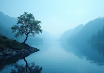 Tranquil lake landscape with solitary tree on misty morning near mountains