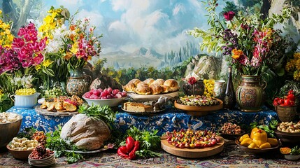 Fototapeta premium International Nowruz Day celebration showcased through diverse costumes, traditional dishes, and meaningful decorations in a studio, emphasizing the joy of renewal and cultural harmony.