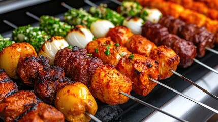 Grilled shish kebabs featuring a variety of meats and vibrant vegetables ready for a festive gathering outdoors