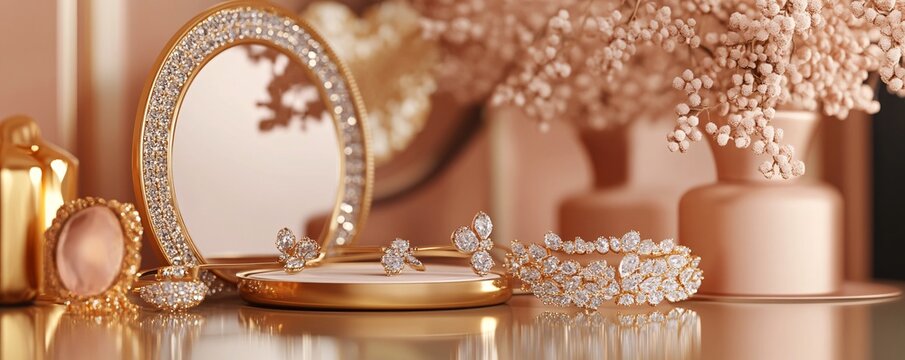 Luxury golden jewelry set sparkling on dressing table with mirror and flowers