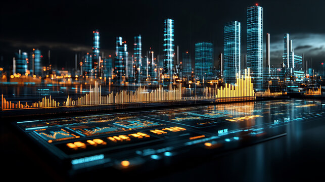 Futuristic city skyline with digital data visualization and glowing graphs. scene captures essence of technology and urban development, showcasing vibrant lights and advanced analytics