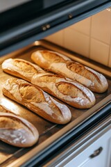 Freshly baked bread loaves rising in the oven at a cozy kitchen in the morning