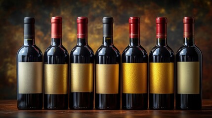 Eight red wine bottles with blank labels on wooden table.
