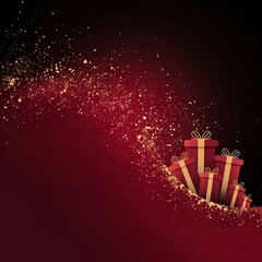  Abstract festive red gradient background with gold particles and gifts arranged in the corner with space for text. For creating greeting cards, banners and holiday designs.