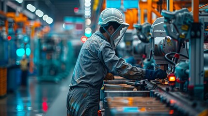 A worker in a factory setting, focused on a task