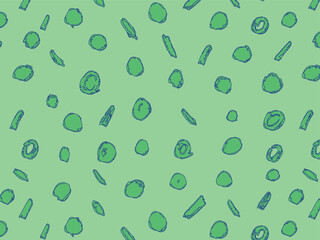 Seamless pattern featuring hand-drawn cucumber slices. Circular and sliced shapes in blue outlines on green background. Food, vegetables, healthy eating concept. Flat vector illustration.