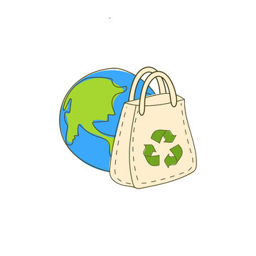 Vector flat illustration of Earth anime style with trash bag, transparent background image
