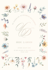 Delicate watercolor wedding invitation card background with flower and botanical leaves. Abstract art background vector design for wedding and vip cover template.