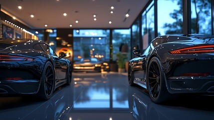 Two black sports cars parked in a showroom with large windows, showcasing a sleek and modern interior.