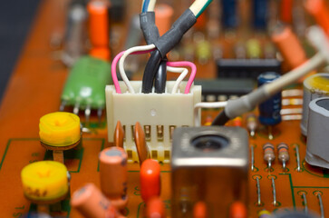 Electronic components close-up, diagnostics and repair, dust, retro