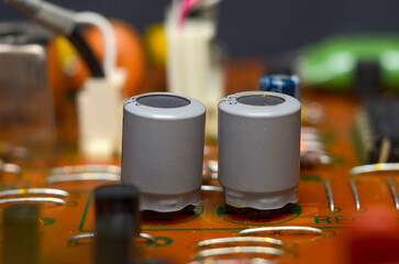 Electronic components close-up, diagnostics and repair, dust, retro