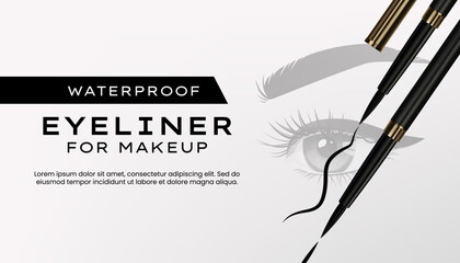 A 3D eyeliner banner showcasing a sleek, black cosmetic pen with liquid liner and a brush applicator, set on a stylish, abstract background. Perfect for luxury beauty and makeup ads. Not AI.