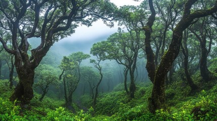 Obraz premium Mysterious forest landscape enveloped in thick morning fog with lush greenery and twisted trees creating an enchanting atmosphere.
