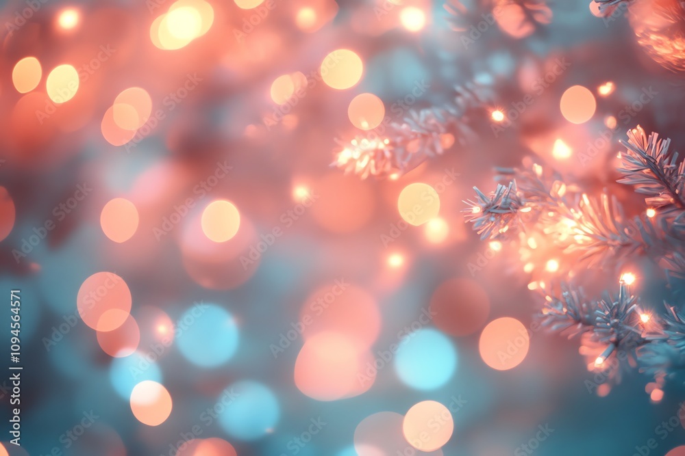 Poster A soft-focus image featuring colorful bokeh lights and frosty branches, evoking a festive atmosphere.