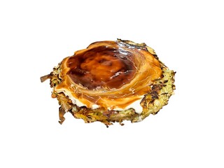 Okonomiyaki isolated on white background. A savory Japanese pancake, being cooked on a griddle.&nbsp;It's topped with sauce and mayonnaise. Japanese&nbsp;teppanyaki menu