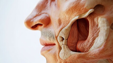 Fototapeta premium 26. A close-up of a male nose and lip structure, highlighting anatomical details, on a white background