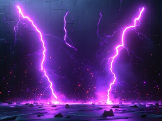 Two bright purple lightning bolts strike a dark concrete floor with glowing particles in the air.