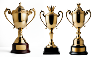 First place gold trophy cup isolated on white background, png file, transparent background