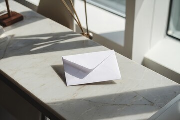White envelope on marble desk surrounded by minimalist office decor with soft lighting and shadows adding to the calm, elegant aesthetic