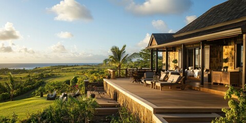 Fototapeta premium A serene villa overlooking lush greenery and the ocean, ideal for relaxation and leisure.