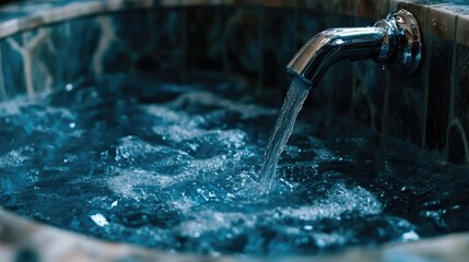 Close-up of a blue water fountain with shimmering water flowing from a polished silver tap into a stone basin, creating a tranquil ambiance.