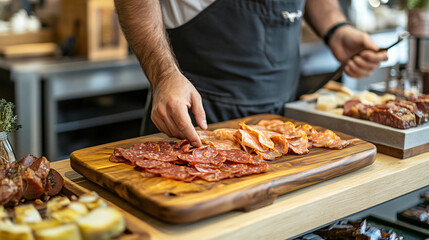 A butcher presenting a selection of freshly made charcuterie, showcasing cured meats on a wooden platter for customers at a high-end delicatessen.