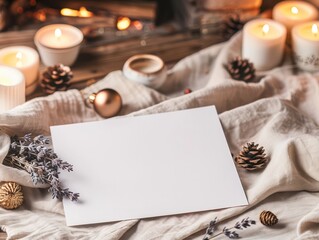 A blank white sheet of paper placed on a rustic wooden table with beige linen drapery