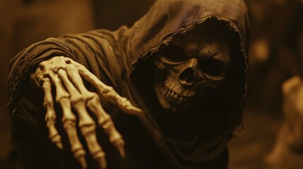 Grim Reaper Figure Reaching With Skeletal Hand