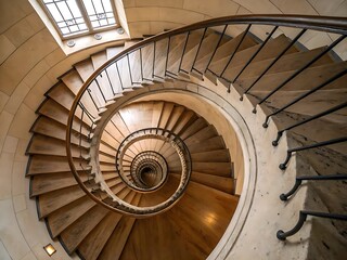 Top-down shot of a spiral staircase, creating a hypnotic pattern of lines