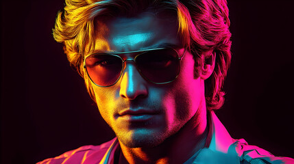 Man Wearing Sunglasses in Neon Light Photo