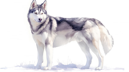 Fototapeta premium A watercolor Siberian Husky standing with one ear perked, looking curious, painted on white