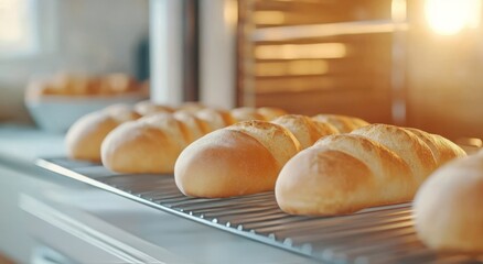 Freshly baked bread rolls cooling on a rack in a warm kitchen during the morning light - Powered by Adobe