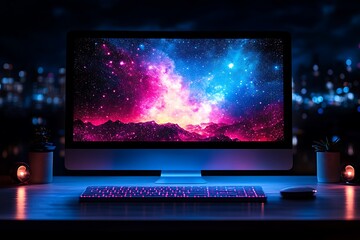 Modern workspace with a computer displaying a colorful nebula wallpaper at night