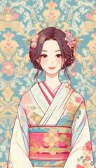 Naklejka premium 着物の女性／イラスト