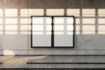 Two blank white posters framed in black metal on concrete wall with soft shadows and natural light creating depth and a minimalist modern design