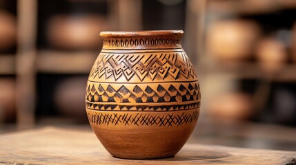 Hand-carved clay pot from South Africa rests on wooden table, showcasing intricate motifs