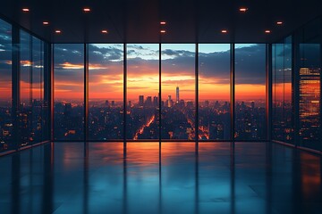 Fototapeta premium Empty modern office interior with panoramic cityscape view at sunset