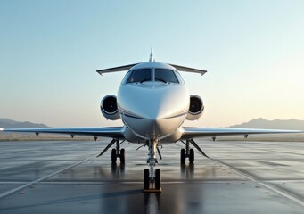 Private jet parked on a runway during sunrise with mountains in the background